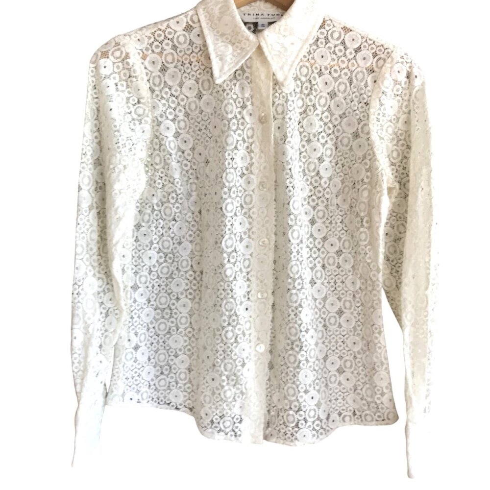 Trina Turk Sheer Lace Button-Down Blouse, Cream See-Thru Top, Size Small - Picture 12 of 15
